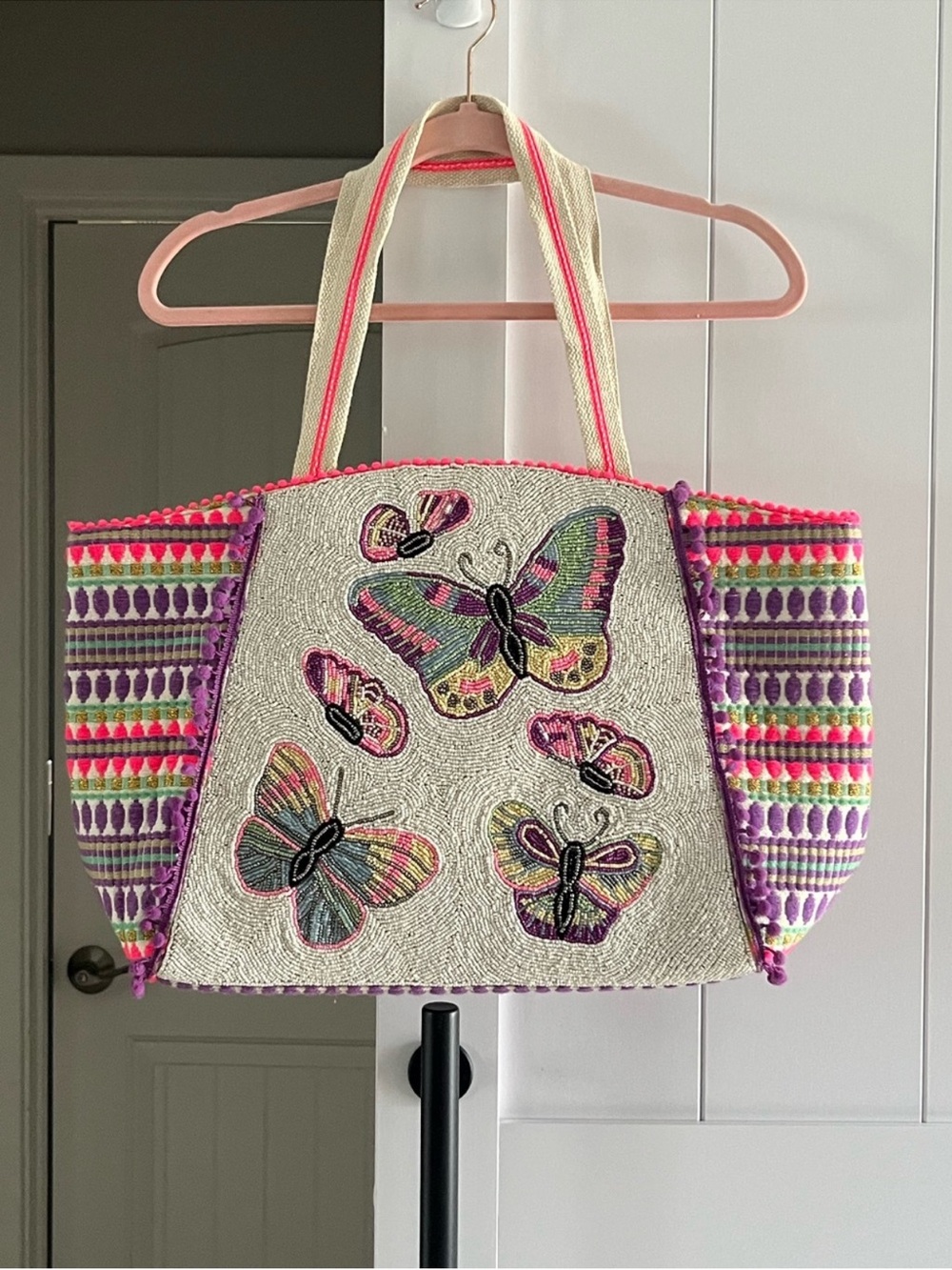 Embroidered America and Beyond Butterfly Multicolor Tote Bag with Cream Handles